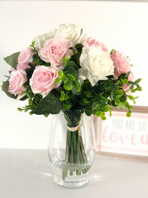 Real Touch White and Pink Rose | Greenery Artificial Faux Arrangement, Floral Centerpiece, Home Decor