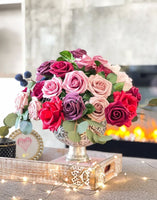 Burgundy-Cream-Pink Roses Peonies Silk/Foam Artificial Faux Flower Floral Center Arrangement in Silver Vase Home Decor by Blue Paris Flowers