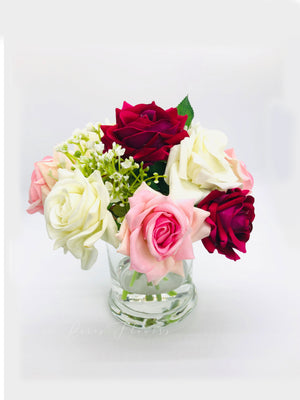 Faux Pink Rose Arrangement in Vase, Floral Decor Centerpiece, Artificial Flowers, Real Touch Roses
