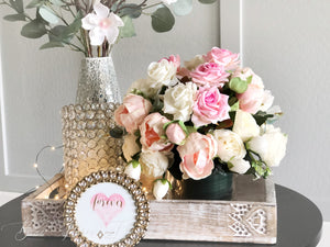 Pink Peonies, Roses Faux Flower Arrangement, Floral Home Decor and Centerpiece in Vase