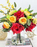 Red Roses Yellow Peonies with Greenery Arrangement, Artificial Faux Centerpiece, French Silk Floral Flowers Real Touch Roses, Home Decor