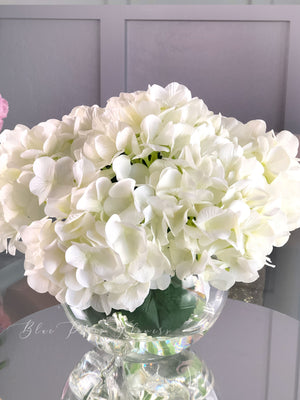 White Hydrangea Artificial Faux Arrangement in Clear Glass Vase with clear acrylic water for Home Decor by Blue Paris Flowers