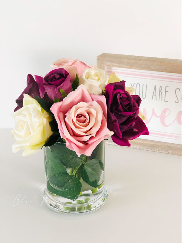 Pink and Burgundy White Arrangement Artificial Faux Flowers in Glass Vase