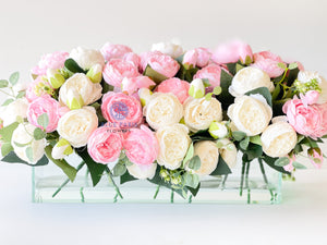Modern Long White and Pink Rose Peony Arrangement, Artificial Faux Centerpiece Floral Flower Arrangement, Silk Flowers Glass Vase Home Decor