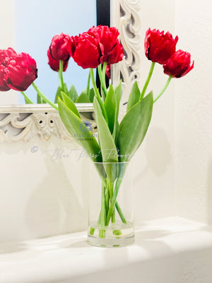 22” Red Tulips | Modern Arrangement Centerpiece| Silk | Artificial Faux Forever Flowers in Glass Vase | Faux Flowers in Vase