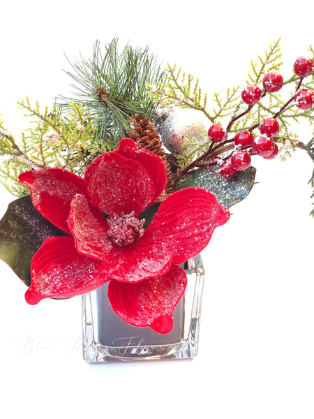 Holiday Red Magnolia Arrangement, Artificial Faux Centerpiece, Silk Flowers in Glass Vase for Christmas Decor