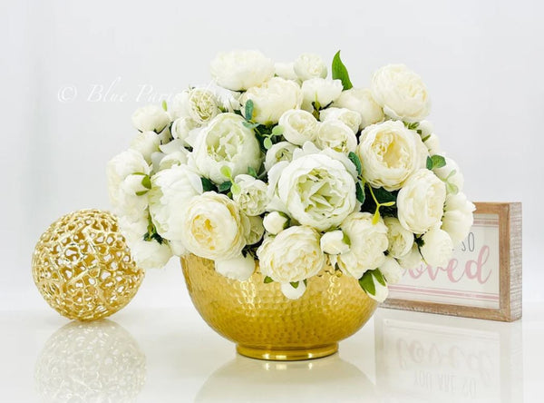 Large White Rose Peony Arrangement, Artificial Faux Floral Centerpiece, High-quality Silk Flowers in Gold Metal Vase for Home Decor