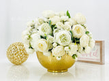 Large White Rose Peony Arrangement, Artificial Faux Floral Centerpiece, High-quality Silk Flowers in Gold Metal Vase for Home Decor