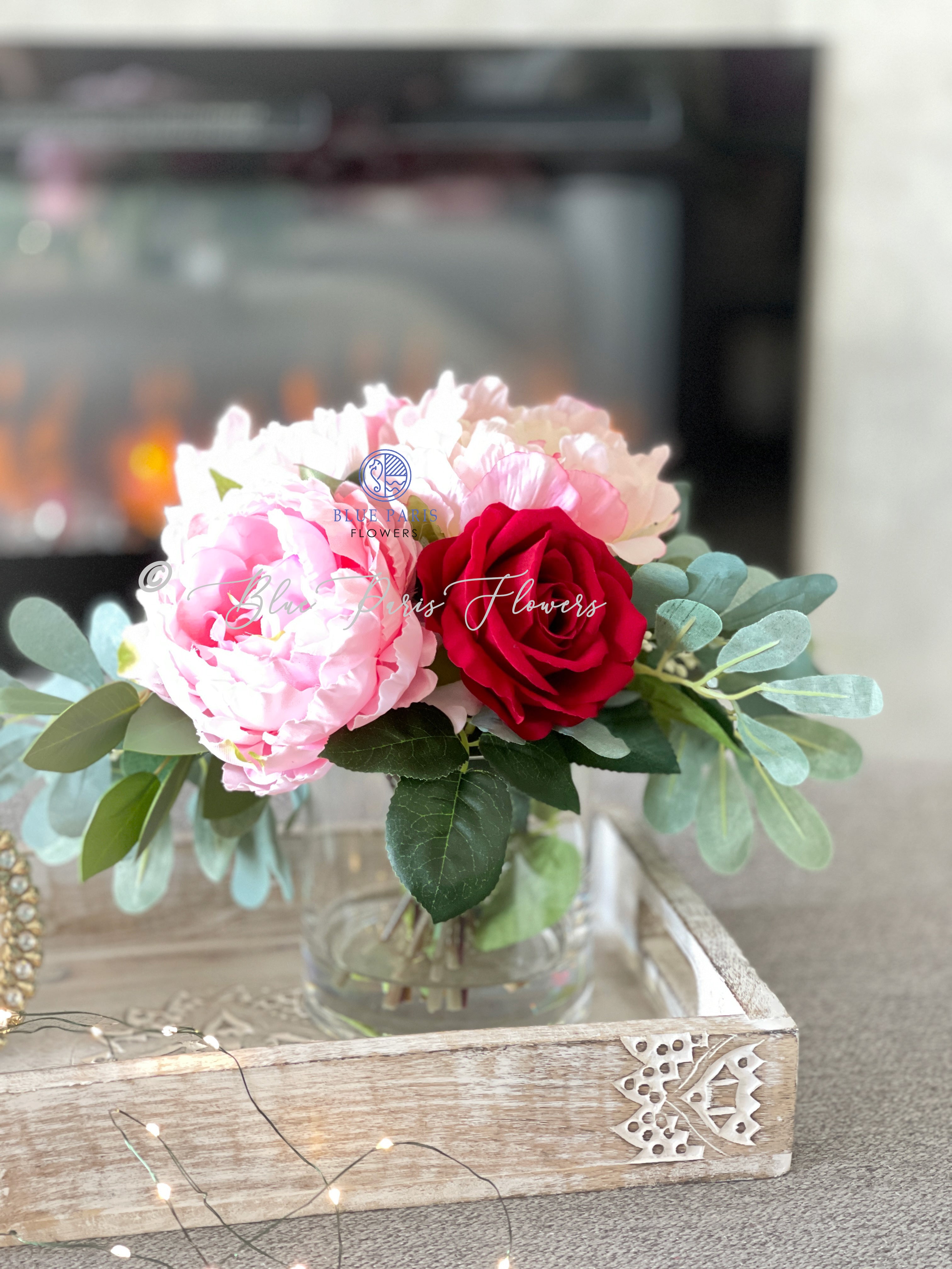 Pink Peonies, Red Roses, Artificial Faux Floral Arrangement Table Cent –  Blue Paris Flowers