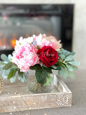 Pink Peonies, Red Roses, Artificial Faux Floral Arrangement Table Centerpiece Decor, Flower Arrangement Silk Florals, Real Touch Peony