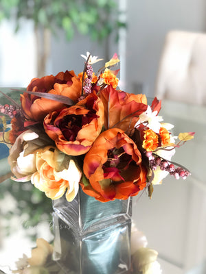 Thanksgiving Arrangement, Peonies Ranunculus in Vase, Floral Decor Centerpiece, Artificial Flowers Silk Floral Arrangement