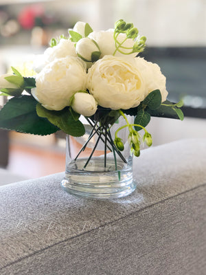 White Rose Peony Arrangement, Artificial Faux Centerpiece, Silk Flowers in Glass Vase for Home Decor