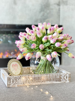 X-Large 60 Mauve Tulips | Modern Faux Floral Arrangement | Real Touch Artificial Centerpiece Faux Flowers in Glass Vase Faux Flowers in Vase