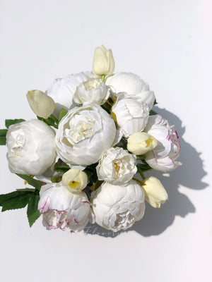White Peony Arrangement, Artificial Faux Centerpiece, Natural Touch Flowers in Glass Vase Home Decor