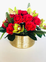 Christmas Real Touch Red Roses Arrangement-Gold Vase- Floral Decor Centerpiece- Artificial Flowers Silk Arrangement-Fake Flowers Home Decor