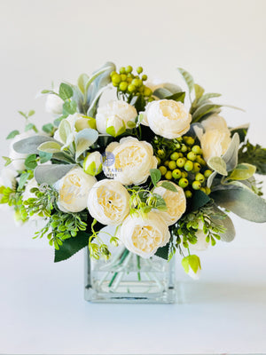 Large White Rose Peony, Berries with Greenery Arrangement, Artificial Faux Centerpiece, French Silk Floral Flowers Glass Vase for Home Decor