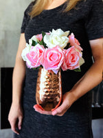 White and Pink Floral Arrangement Artificial Faux Flowers in Copper Vase