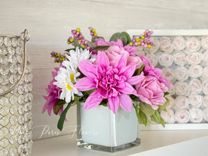 Dahlia, Roses Daisies Arrangement, Faux Flowers in Vase, Floral Decor Centerpiece, Artificial Flowers Silk Floral Arrangement, Home Decor