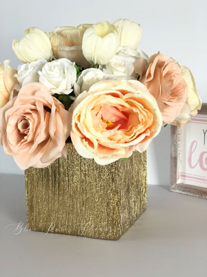 Ashley Dusty Rose, White Tulips Faux Flower Arrangement, Floral Home Decor | Silk Artificial Centerpiece in Gold Vase