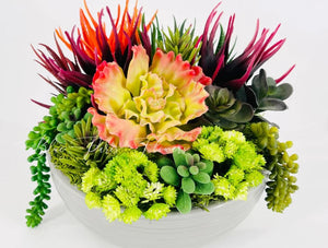 Succulents in Gray Modern Vase, Faux Artificial Greens Succulents Plants Table Centerpiece Floral Decor Centerpiece, Faux Florals Blue Paris