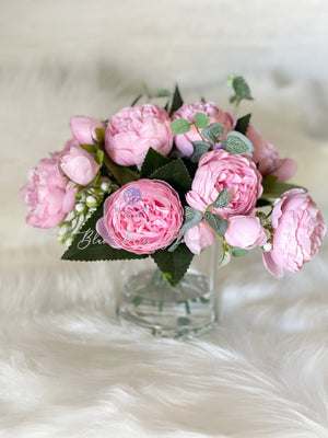 Light Pink Rose Peony Arrangement, Artificial Faux Centerpiece, Silk Flowers in Glass Vase for Home Decor, House, Gift, Faux Floral