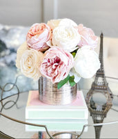 White & Blush Rose and Peonies Arrangement, Artificial Faux Centerpiece, Floral Flowers in Rose Gold Vase Home Decor Blue Paris