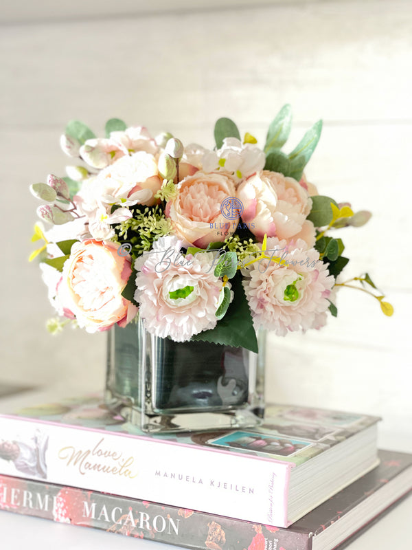 Blush Pink, Lavender White Peony Ranunculus Floral Arrangement, Artificial Faux Centerpiece, Silk Flowers French Country Decor