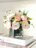 Blush Pink, Lavender White Peony Ranunculus Floral Arrangement, Artificial Faux Centerpiece, Silk Flowers French Country Decor