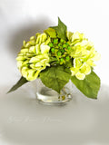 Premium Green Hydrangea Artificial Faux Arrangement in Clear Glass Vase with clear acrylic water for Home Decor by Blue Paris Flowers