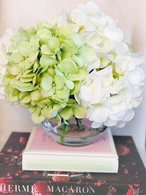 White Green Hydrangea in Vase, Artificial Faux Flower Arrangement, Silk Flower Centerpiece, Home Decor