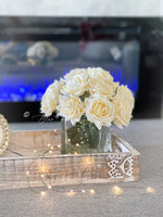 Cream Real Touch Roses Arrangement Artificial Faux Centerpiece Natural Touch Flowers in Glass Vase Home Decor, Floral Arrangement Blue Paris
