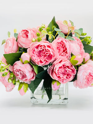 Pink Rose Peony Arrangement, Artificial Faux Centerpiece, Silk Flowers in Glass Vase for Home Decor