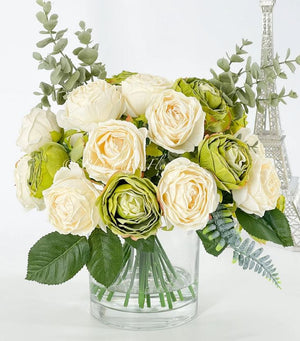 25 Cream and Green Rose Arrangement Artificial Faux Centerpiece, Floral Decor Silk Flower Arrangement, Faux Decoration Flowers in Glass Vase