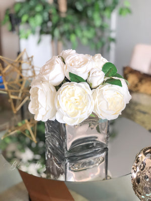 White Austin Roses Faux Flower Arrangement, Floral Home Decor | Silk Artificial Centerpiece in Mirror Vase