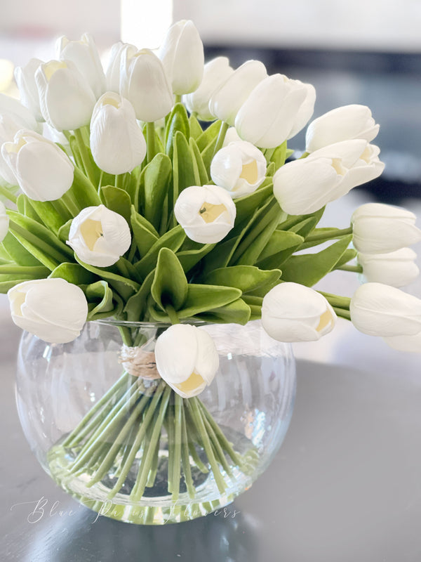 X-Large 60 White Tulips | Modern Faux Floral Arrangement | Real Touch Artificial Faux Forever Flowers in Glass Vase, Faux Flowers in Vase