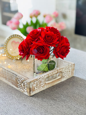 Red Real Touch Roses Arrangement, Artificial Faux Centerpiece, Natural Touch Flowers in Glass Vase Home Decor, Floral Arrangement Blue Paris