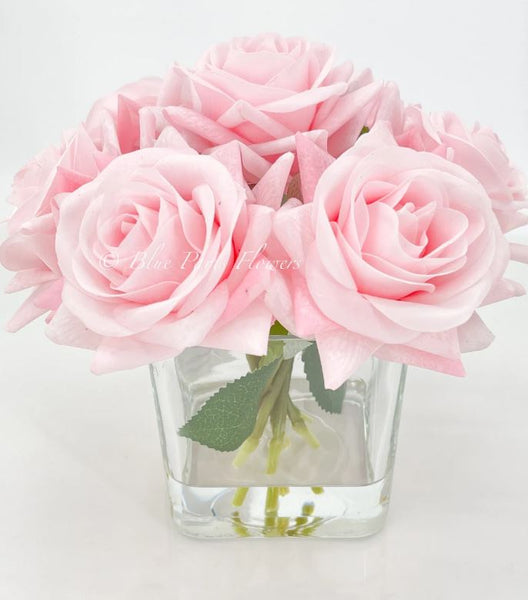 Real Touch Light Pink Roses Arrangement in Vase, French Country Artificial Flowers, Faux Floral Home Decor