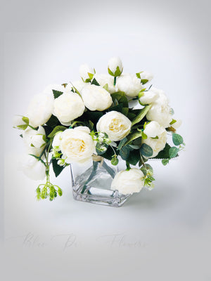 White Rose Peony Arrangement, Artificial Faux Centerpiece, Silk Flowers in Glass Vase for Home Decor