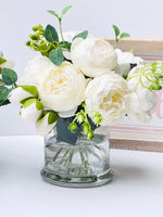 White Rose Peony Arrangement, Artificial Faux Centerpiece, Silk Flowers in Glass Vase for Home Decor