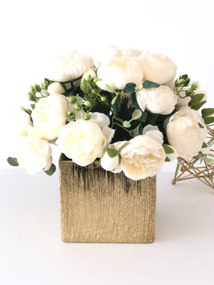 White Rose Peony Arrangement, Artificial Faux Centerpiece