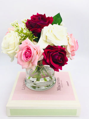 Faux Pink Rose Arrangement in Vase, Floral Decor Centerpiece, Artificial Flowers, Real Touch Roses