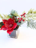 Holiday Red Magnolia Arrangement, Artificial Faux Centerpiece, Silk Flowers in Glass Vase for Christmas Decor