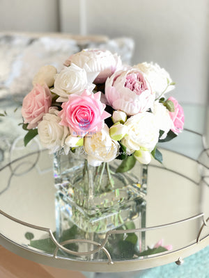 Light Pink & White Roses Peonies, Real Touch, Silk Flowers Blush Peonies, Faux Flower Arrangement Table Centerpiece French Country Floral