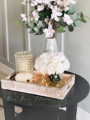 Real Touch White Roses Arrangement in Vase, French Country Artificial Flowers, Faux Floral Home Decor