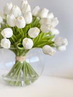 X-Large 60 White Tulips | Modern Faux Floral Arrangement | Real Touch Artificial Faux Forever Flowers in Glass Vase, Faux Flowers in Vase