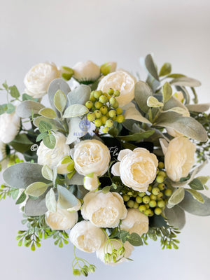Large White Rose Peony, Berries with Greenery Arrangement, Artificial Faux Centerpiece, French Silk Floral Flowers Glass Vase for Home Decor