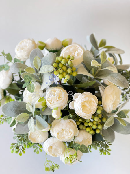 Large White Rose Peony, Berries with Greenery Arrangement