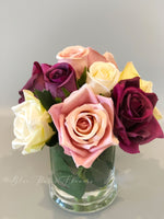 Pink and Burgundy White Arrangement Artificial Faux Flowers in Glass Vase