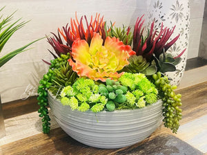Succulents in Gray Modern Vase, Faux Artificial Greens Succulents Plants Table Centerpiece Floral Decor Centerpiece, Faux Florals Blue Paris