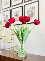 22” Red Tulips | Modern Arrangement Centerpiece| Silk | Artificial Faux Forever Flowers in Glass Vase | Faux Flowers in Vase